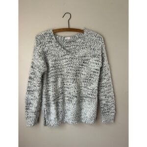 Y2K So Fuzzy Knit V-Neck Sweater Women's XS Gray White Pullover Soft Cozy Casual